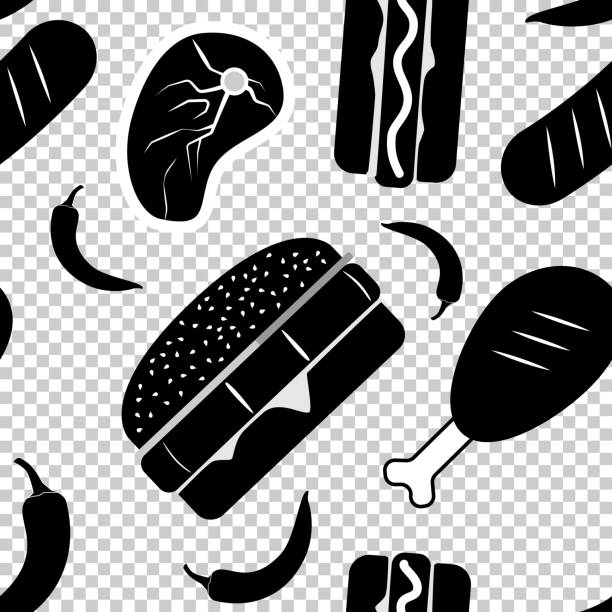 illustrazioni stock, clip art, cartoni animati e icone di tendenza di modello monocromatico di fast food americano senza soluzione di continuità. illustrazione vettoriale. - food lunch vegetable pattern