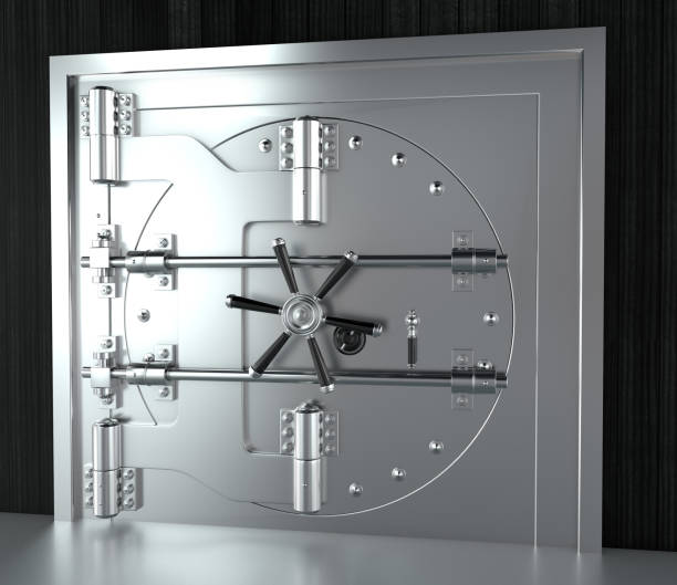 istock Front view of chrome bank vault door, closed. 3D Render 841639328