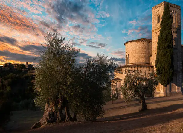 Abbey Sant'Antimo at sunset.