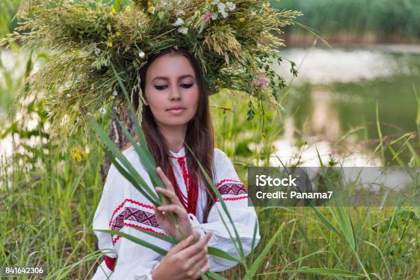 Beautiful Girl In Embroidery Shirt And Wreath Of Wild Flowers Stock Photo - Download Image Now