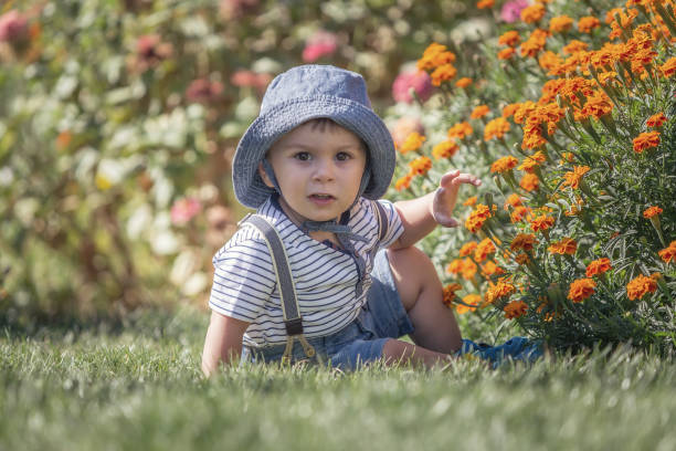 istock Happy little baby boy front or back yard playing with flowers outdoors on grass 841642736