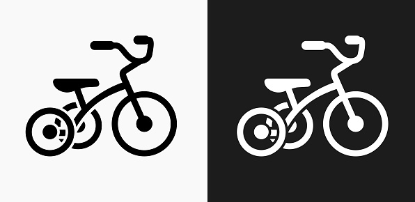 Tricycle Icon on Black and White Vector Backgrounds. This vector illustration includes two variations of the icon one in black on a light background on the left and another version in white on a dark background positioned on the right. The vector icon is simple yet elegant and can be used in a variety of ways including website or mobile application icon. This royalty free image is 100% vector based and all design elements can be scaled to any size.
