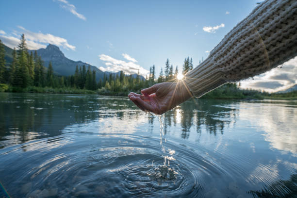 istock Human hand cupped to catch fresh water from mountain river 841650058