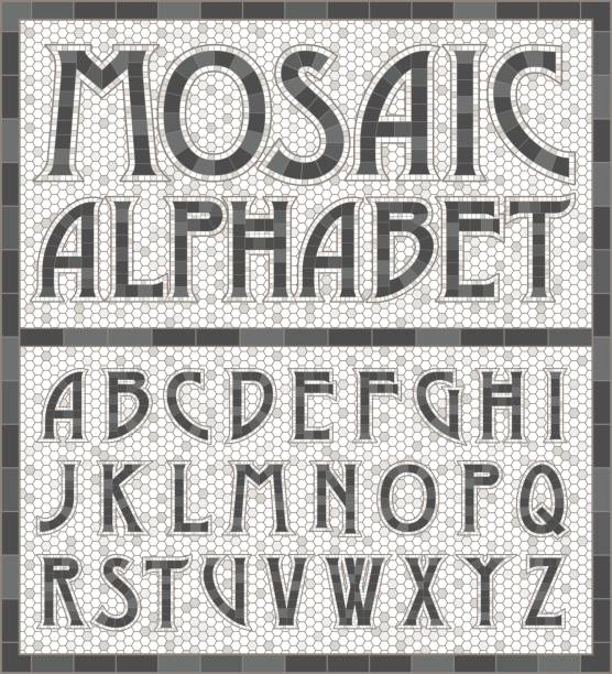 illustrations, cliparts, dessins animés et icônes de tuile de mosaïque grise lettres de l’alphabet à l’ancienne - mosaic