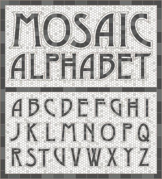 ilustrações de stock, clip art, desenhos animados e ícones de old fashioned gray mosaic tile alphabet letters - mosaic