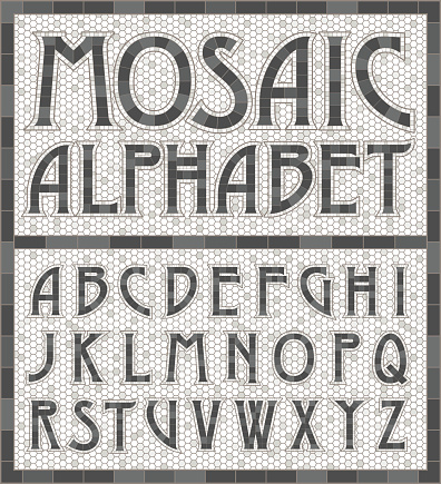 An old art-deco inspired typeface done in an aged mosaic tile style in warm gray colors. Colors are global swatches so they're easy to change.