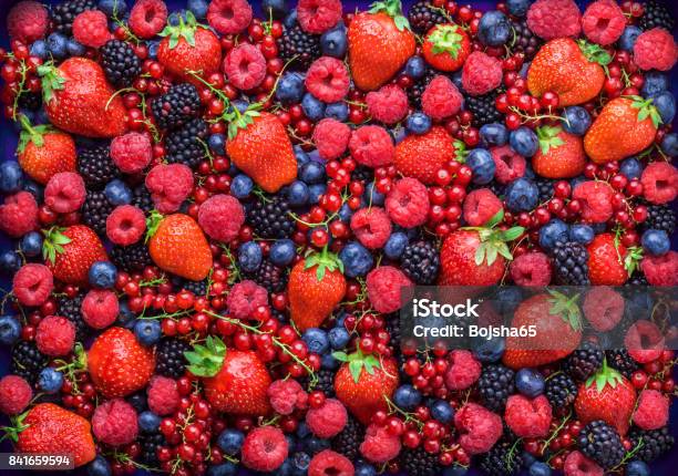 Berries Overhead Primo Piano Mix Assortito In Studio Su Sfondo Scuro - Fotografie stock e altre immagini di Frutta