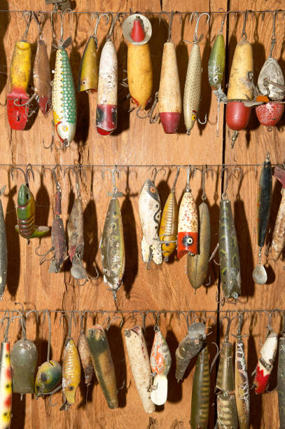 istock Rows of fishing lures hanging against wall 841664200