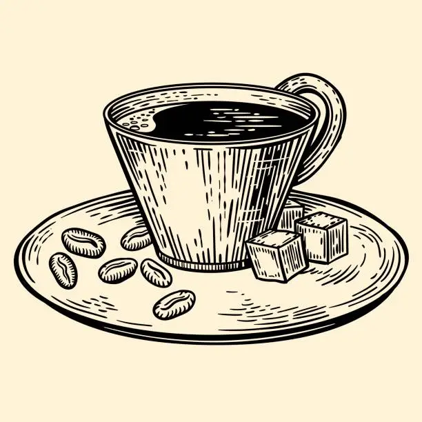 Vector illustration of A cup of coffee on a saucer. Cubes of sugar and coffee beans. Vector illustration in sketch style