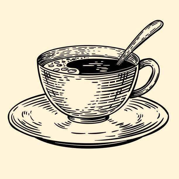 eine tasse kaffee auf eine untertasse mit einem löffel. vektor-illustration im stil sketch - flatware silverware in a row eating utensil stock-grafiken, -clipart, -cartoons und -symbole