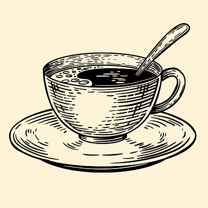 A cup of coffee on a saucer with a spoon. Vector illustration in sketch style. EPS 10.