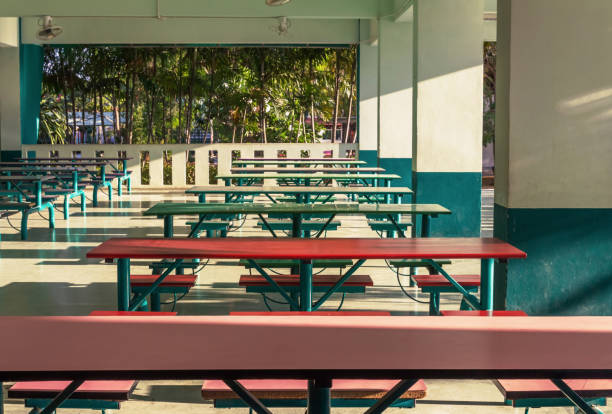 Cafeteria in school, looks like a long table. Can eat at the same time many people. stock photo