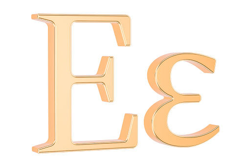 Golden Greek letter Epsilon, 3D rendering isolated on white background