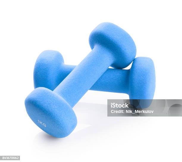 Blue Dumbbells Stock Photo - Download Image Now - Dumbbell, Cut Out, Blue