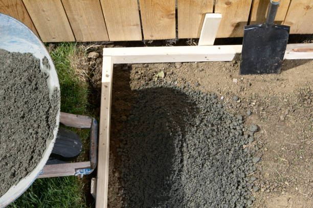 Backyard, DIY concrete project with wet cement stock photo
