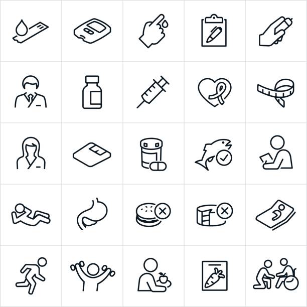 Diabetes Mellitus Icons A set of diabetes icons. The icons include a blood sugar monitor, test strip, patient, check-up, lancet, doctor, nurse, insulin, syringe, tape measure, weight scale, medication, fish, people exercising and unhealthy foods to name a few. fish blood stock illustrations