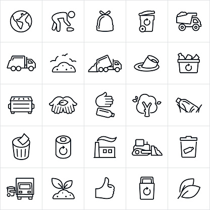A set of garbage management and recycling icons. The icons include a person picking up trash, a garbage can, garbage bag, waste removal, garbage truck, landfill, pollution, garbage, recycle bin, dumpster, trash, incinerator and other related themes.