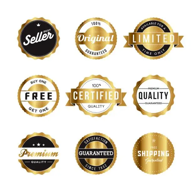 Vector illustration of Assorted Golden Retro Product Marketing Labels Icon Set