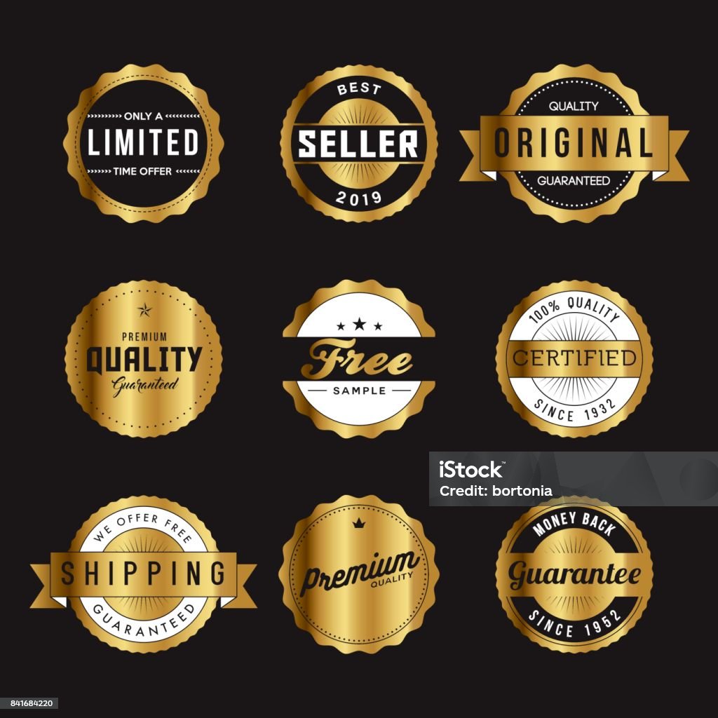 Ilustración de Conjunto De Iconos De Las Etiquetas De Comercialización De  Los Productos Retro Oro Surtidos y más Vectores Libres de Derechos de  Brillante - iStock