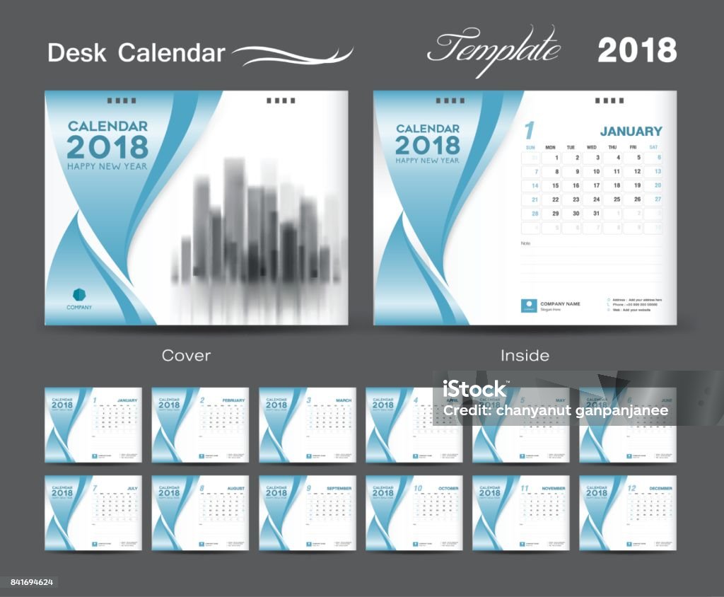 Desain Templat Desk Calendar 2018 Sampul Biru Set 12 Bulan Ide Kalender