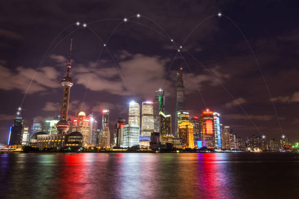 istock city with transmission lines and dots 841698366