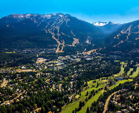 Aerial shot of Whistler Village in British Columbia Canada on a Sunny day in the summer of 2017.