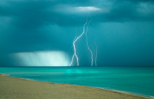 Lightning strike over the sea at Miami Beach, Florida