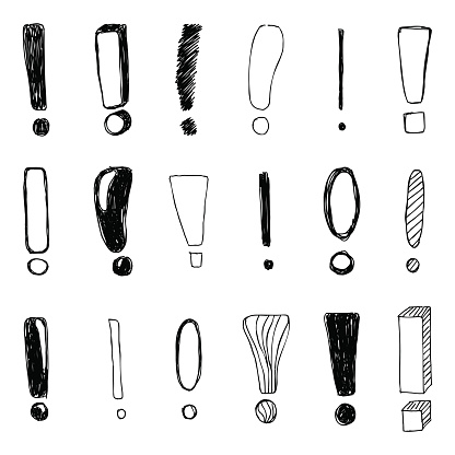 Set of hand drawn Sketch exclamation marks. Vector illustration.