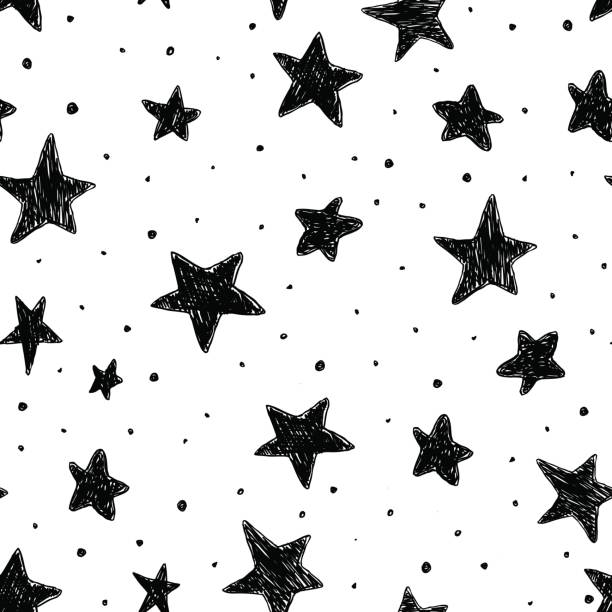 schöne monohrome schwarz-weiß nahtlose himmel muster mit strukturierten stars wie von hand gezeichnet. - sternenkind stock-grafiken, -clipart, -cartoons und -symbole