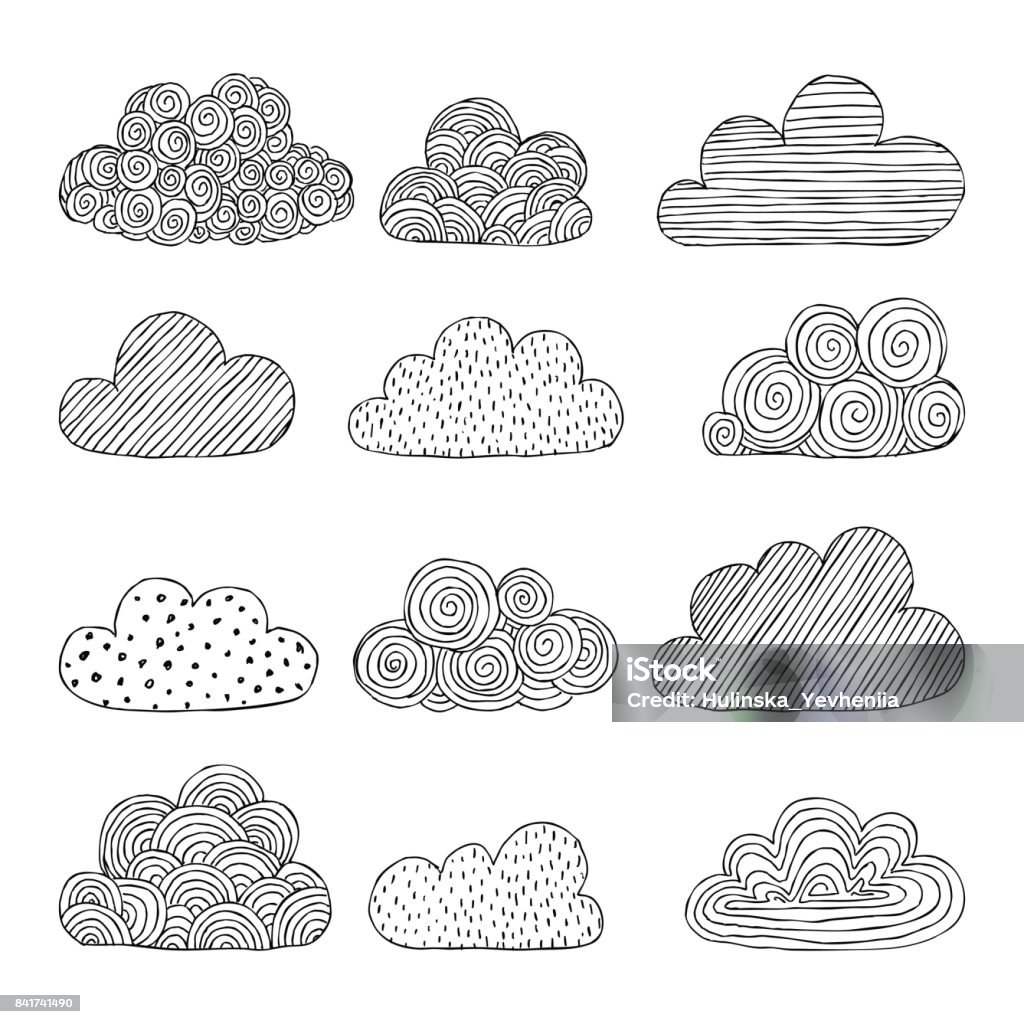 Hermoso conjunto de nubes de doodle. Dibujo aislado. diseño fondo tarjetas de felicitación e invitaciones a la boda, cumpleaños, día de la madre s y otras fiestas de otoño temporadas. - arte vectorial de Nube libre de derechos