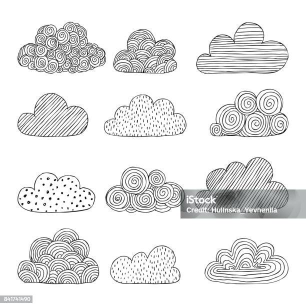 Bel Ensemble De Nuages De Doodle Croquis Isolé Cartes De Voeux Design Fond Et Invitations Pour Le Mariage Anniversaire Fête Des Mères S Et Autres Vacances Saisonnières Dautomne Vecteurs libres de droits et plus d'images vectorielles de Nuage