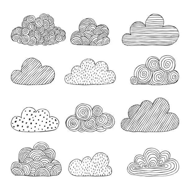 Vector illustration of Beautiful set of doodle clouds. Isolated sketch. design background greeting cards and invitations to the wedding, birthday, mother s day and other seasonal autumn holidays.