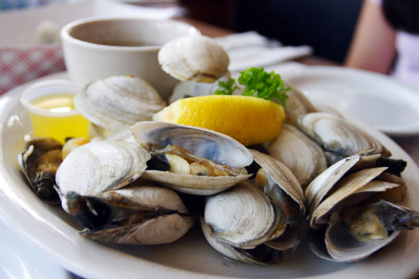 Bowl of Delicious Fresh Steamer Clams with Lemon and Broth
