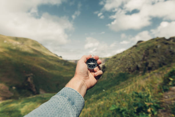istock Man Explorer Searching Direction With Compass In Summer Mountains, Point Of View Shot 841759396