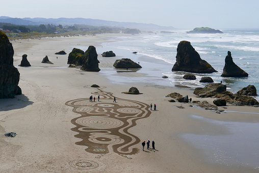 Large artistic design in the sand at a beach on the Oregon (USA) Pacific coast