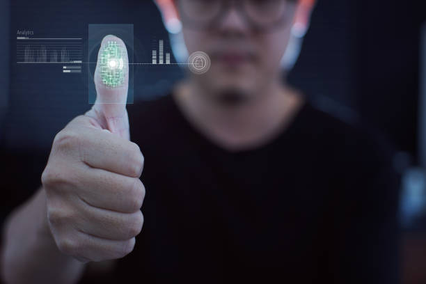 istock Young businessman scan fingerprint for identity analytics , concept of the internet and future immersive technology for business security . 841764732