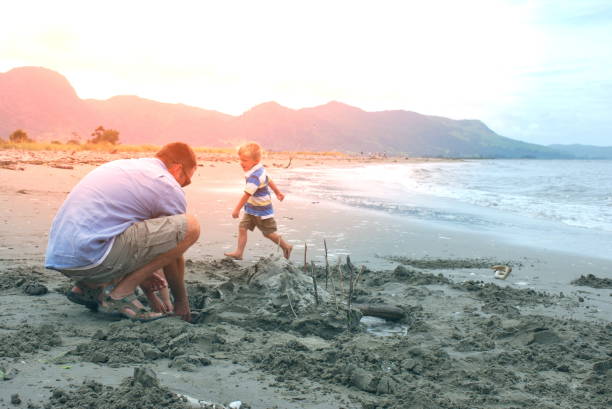 семьи из новой зеландии - lifestyles child beach digging стоковые фото и изображения