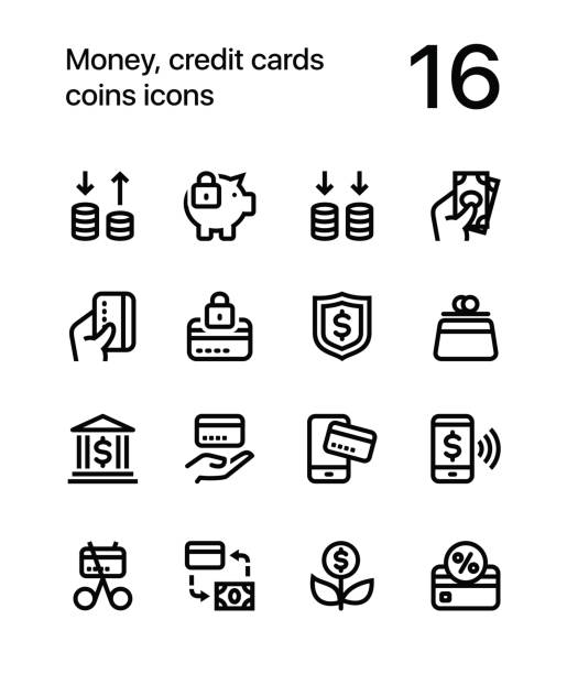 Money, credit cards, coins icons for web and mobile design pack 3 16 line black and white vector icons bank financial building stock illustrations