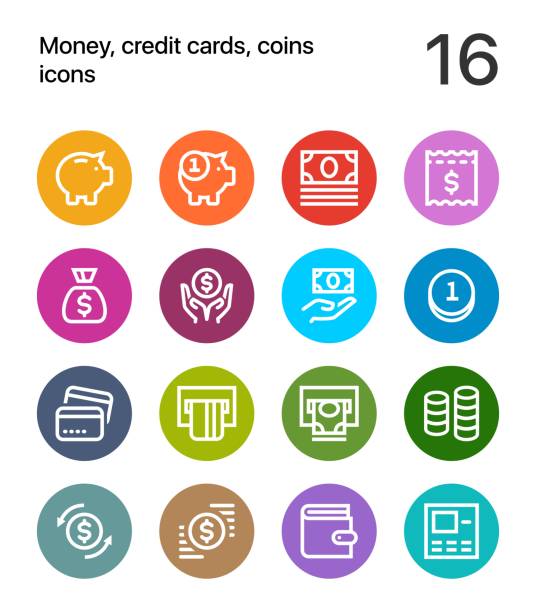 bunte geld, kreditkarten, münzen icons für web und mobile design pack 1 - wine rack illustrations stock-grafiken, -clipart, -cartoons und -symbole
