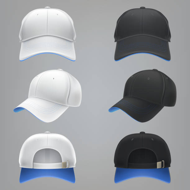 wektorowa realistyczna ilustracja białej i czarnej tekstylnej czapki baseballowej z przodu, z tyłu i z boku - baseball cap cap vector symbol stock illustrations