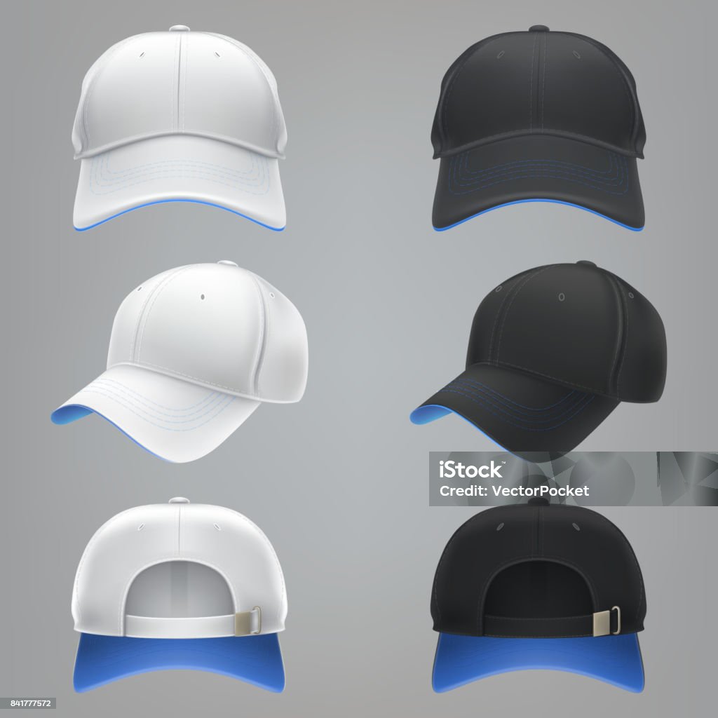Vector realistic illustration of a white and black textile baseball cap front, back and side view Vector realistic illustration of a white and black textile baseball cap with a blue visor, front, back and side view, isolated on white. Print, template, moc up, design element Cap - Hat stock vector