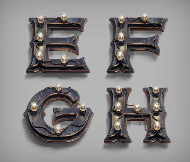3d render vintage steam-punk alphabet set with retro tube lamps and copper wires