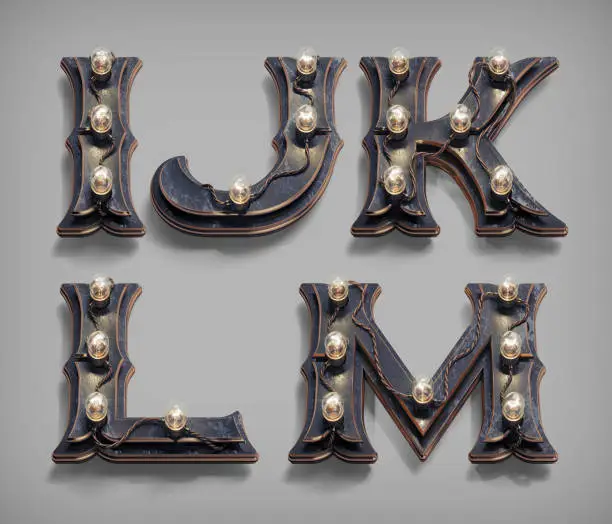 3d render vintage steam-punk alphabet set with retro tube lamps and copper wires