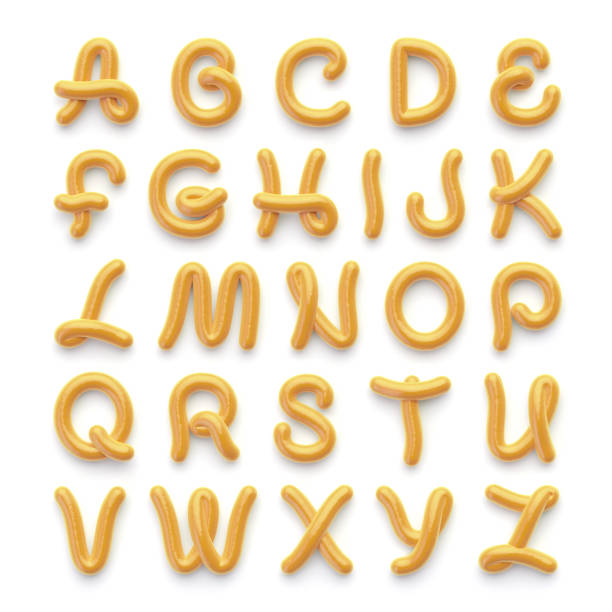 alphabet mit buchstaben auf weißem - senf stock-fotos und bilder