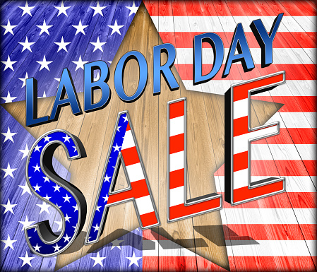 Labor Day Sale, 3D, Bright colors, Bright shiny text. American Holiday in the colors red, white and blue.
