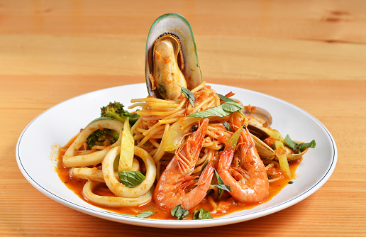 Seafood pasta spaghetti  with  mussels , prawns and squid rings