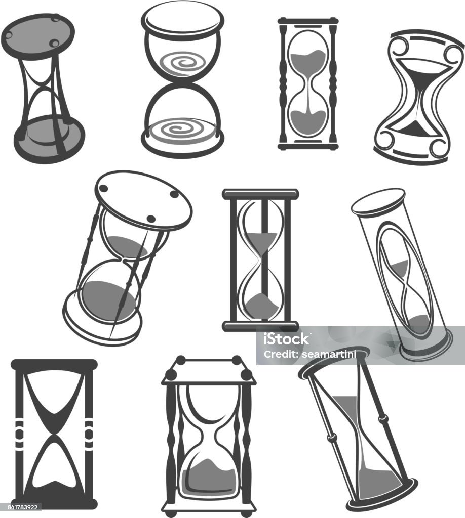 Hourglass vector isolated icons set Hourglass or sandglass vector icons. Set of isolated sand watch and sand clock in three-legged stand, antique and vintage old sand timer symbols or time measure tool for internet and web design Hourglass stock vector