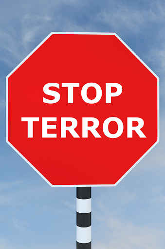 Render illustration of Stop Terror title on road sign