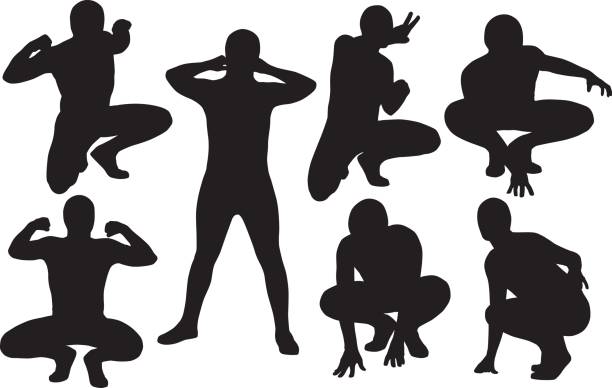 Male superhero Silhouettes Vector silhouettes of a suprhero in seven different poses. leotard stock illustrations