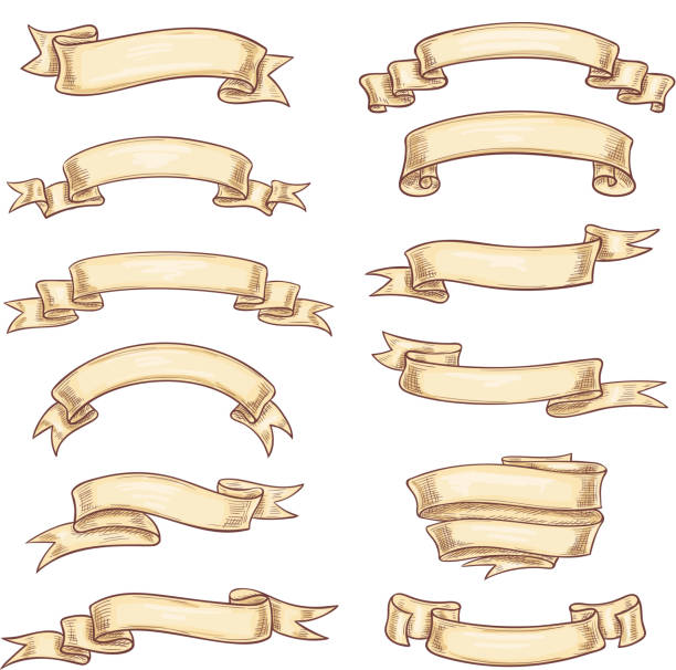 векторные иконки старого бумажного рулона или рукописной ленты - shield parchment coat of arms scroll stock illustrations